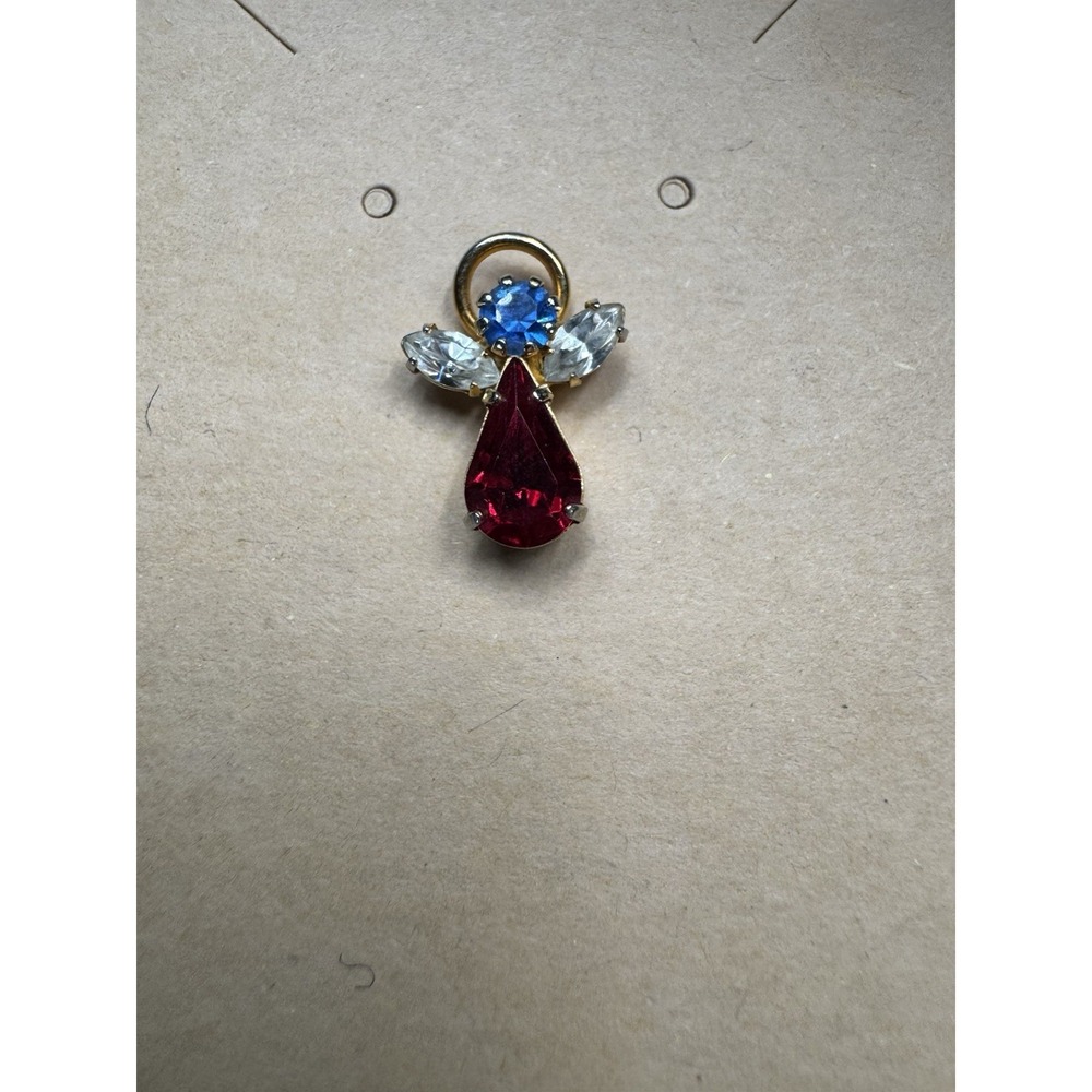 VTG Gold Toned Gemstone  Angel Lapel Hat Pinback Pin With‎ Red White And Blue